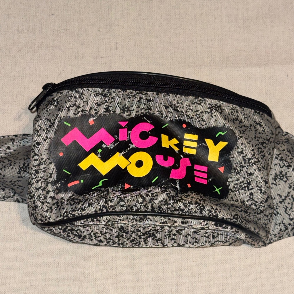 Vintage Disney Mickey Mouse Fanny Pack Grey Static Print 90s Retro Waist Bag